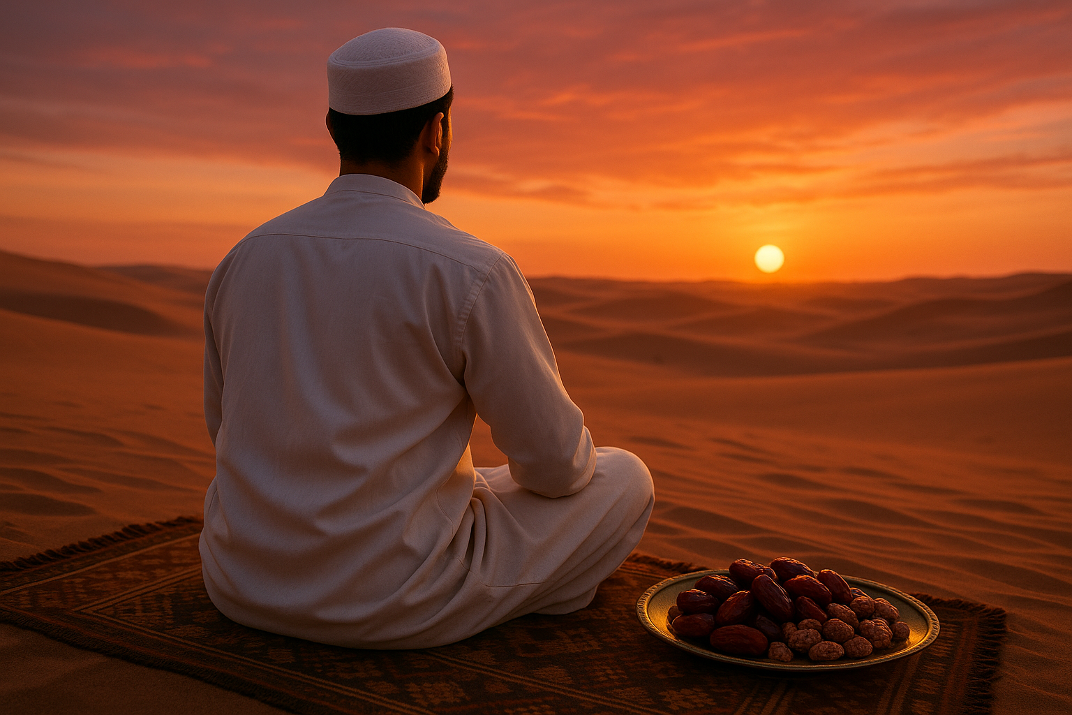 "Un homme vu de dos, assis en tailleur dans le désert au coucher du soleil. Il porte un qamis blanc traditionnel avec une chéchia blanche. À côté de lui, sur un tapis posé sur le sable, se trouvent un plateau de dattes brillantes et des noix de pécan enrobées. L'ambiance est paisible, avec une légère brise faisant bouger le tissu de son qamis. Lumière dorée, ombres douces, style cinématographique, aucun visage visible."